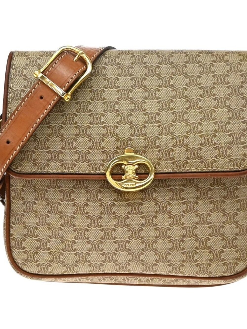 CELINE Logo Macadam Pattern Shoulder Bag PVC Leather Beige GHW Italy 67KD480